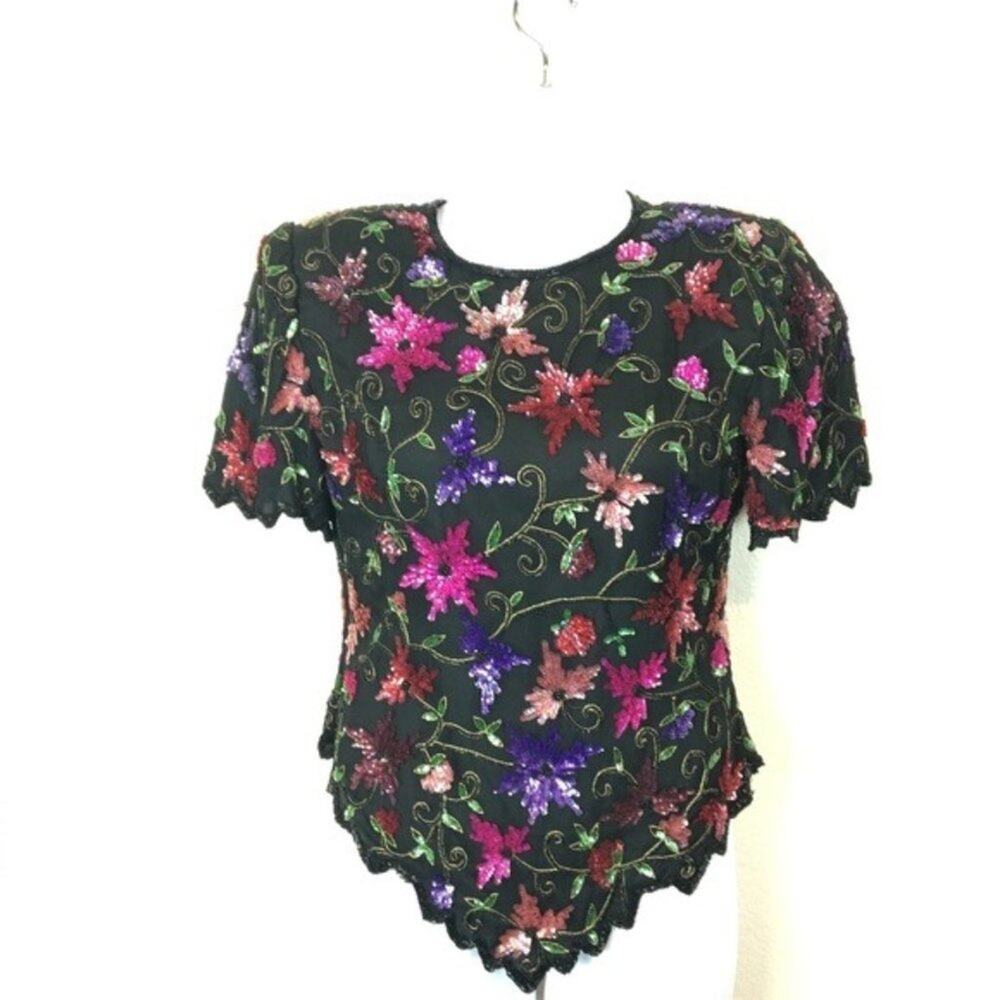 Laurence Kazar Floral Sequin Shirt Silk Sequined Floral Top sz Large L Retro